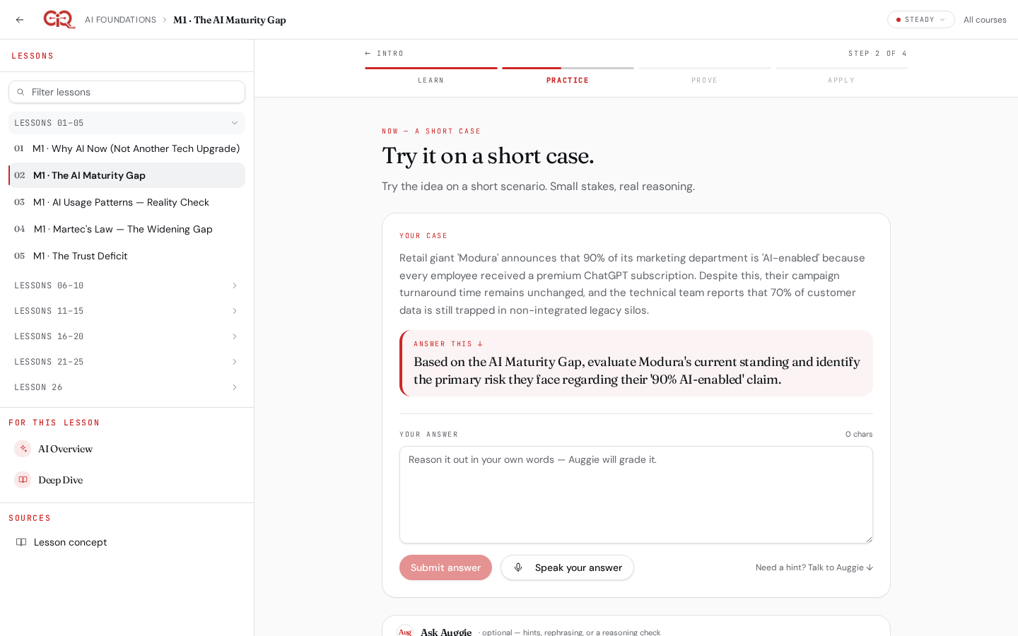 Practice stage with an AI-generated case